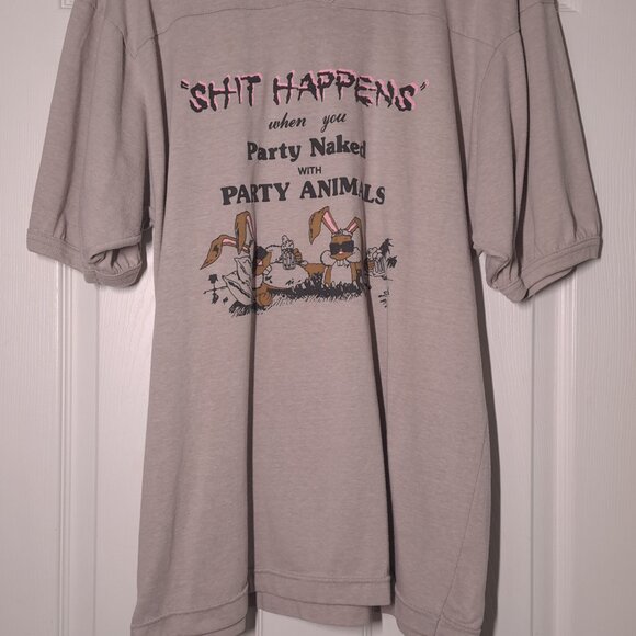 VINTAGE Sh*t Happens When You Party Naked USED V-Neck Shirt (XL, Tan, Humor) - Picture 8 of 10